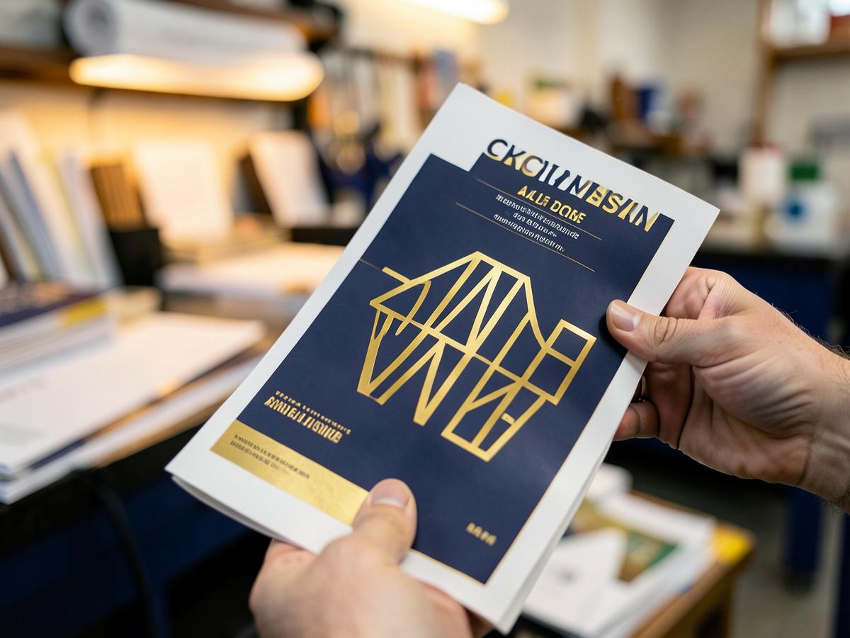 Hands holding a freshly printed custom navy and gold flyer