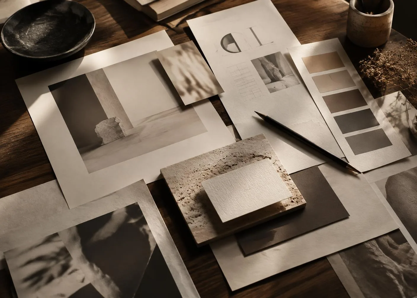 Paper layouts, brand artwork and printed design concepts arranged on a studio desk