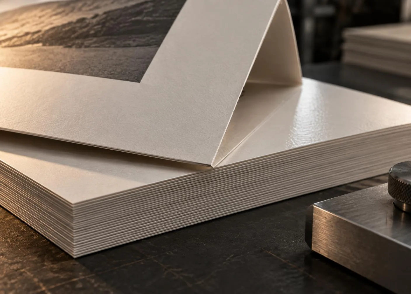 Close-up of layered cardstock, folded paper and precision-cut edges