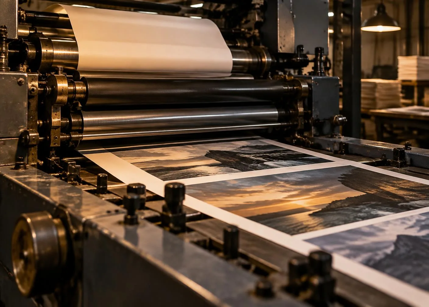 Printed sheets feeding through the rollers of a professional press